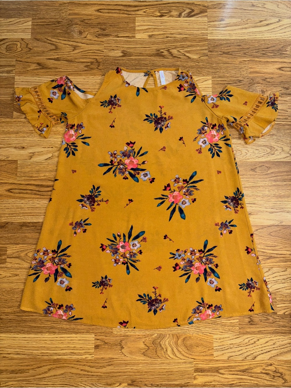 Xhilaration Dress Women’s Size Medium Cold Shoulder Mustard Yellow Floral Rayon